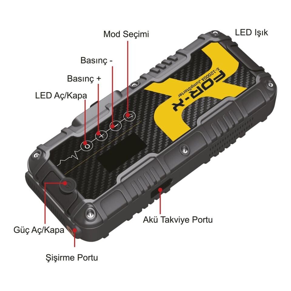 For-X X-12000A 12000 mAh 1600A Akü Takviye Cihazı ve Hava Kompresörü